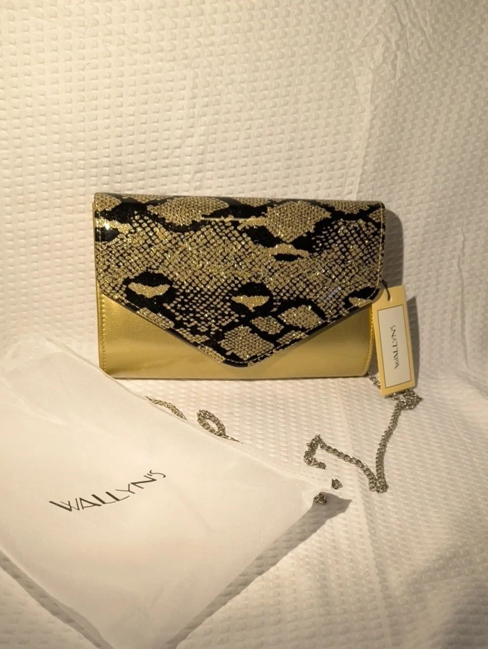 WALLYN'S Metallic Gold & Snake Print Envelope Convertible Bag. & Dustbag